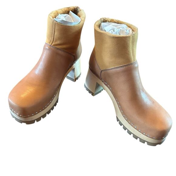 Swedish Hasbeens Shearling-Lined Leather Clog Boots Wood Heel  NEW  EU 37 US 7 - Picture 4 of 9